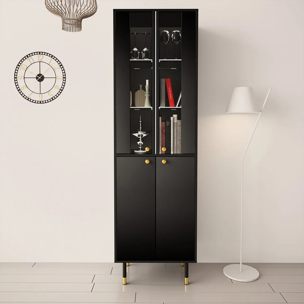 Moderná vitrína Kuba, čierna / čierny lesk + LED