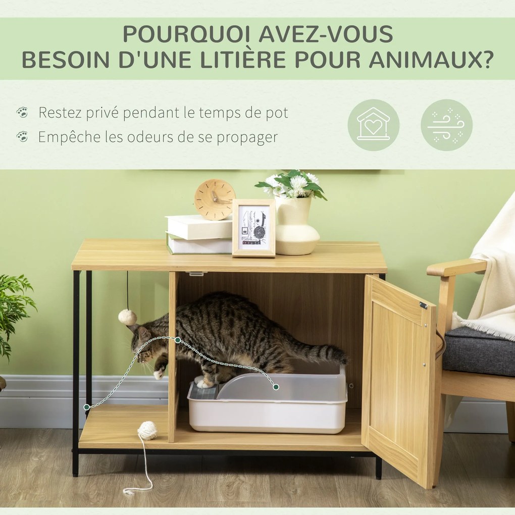 PawHut Toaleta pre mačky v priemyselnom štýle - bočný vstup, zavesená hračka, oceľový rám a vzhľad svetlého dreva | Aosom