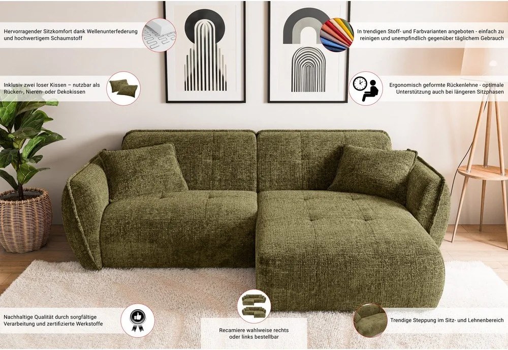 Zelená ženilková rohová pohovka (pravý roh/s leňoškou) Nelia – Ropez