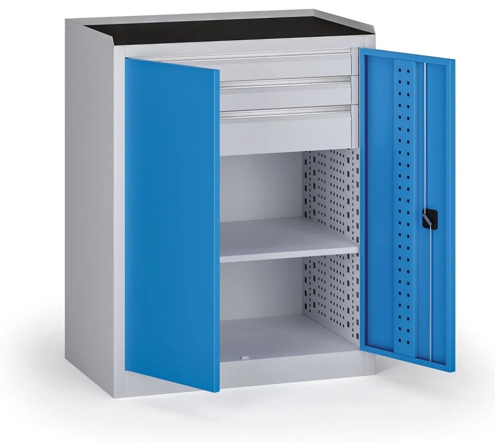 Dielenská skriňa nízka na náradie KOVOS, 1 police, 3 zásuvky, 950 x 600 x 1180 mm, modrá