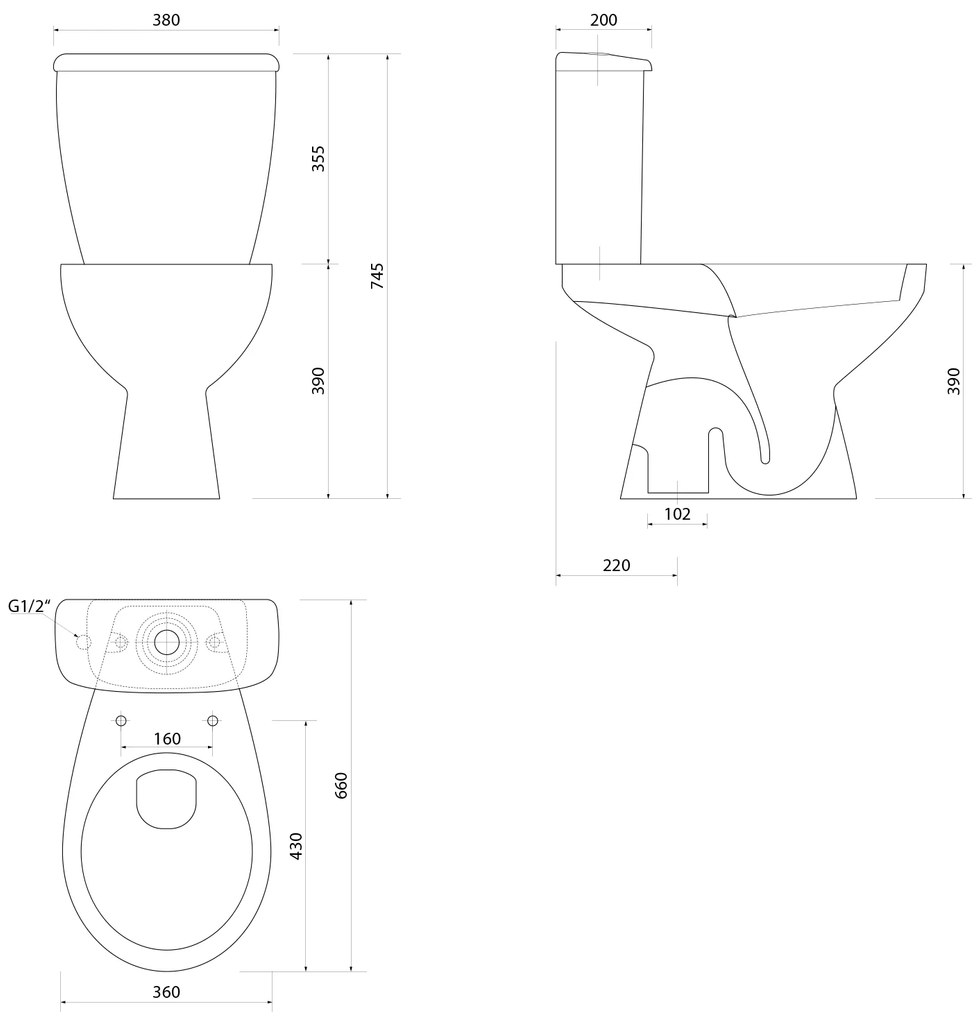 Aqualine Aqualine, MANUEL WC kombi misa s nádržkou vrátane splachovacej súpravy, spodný odpad, biela, PS8814