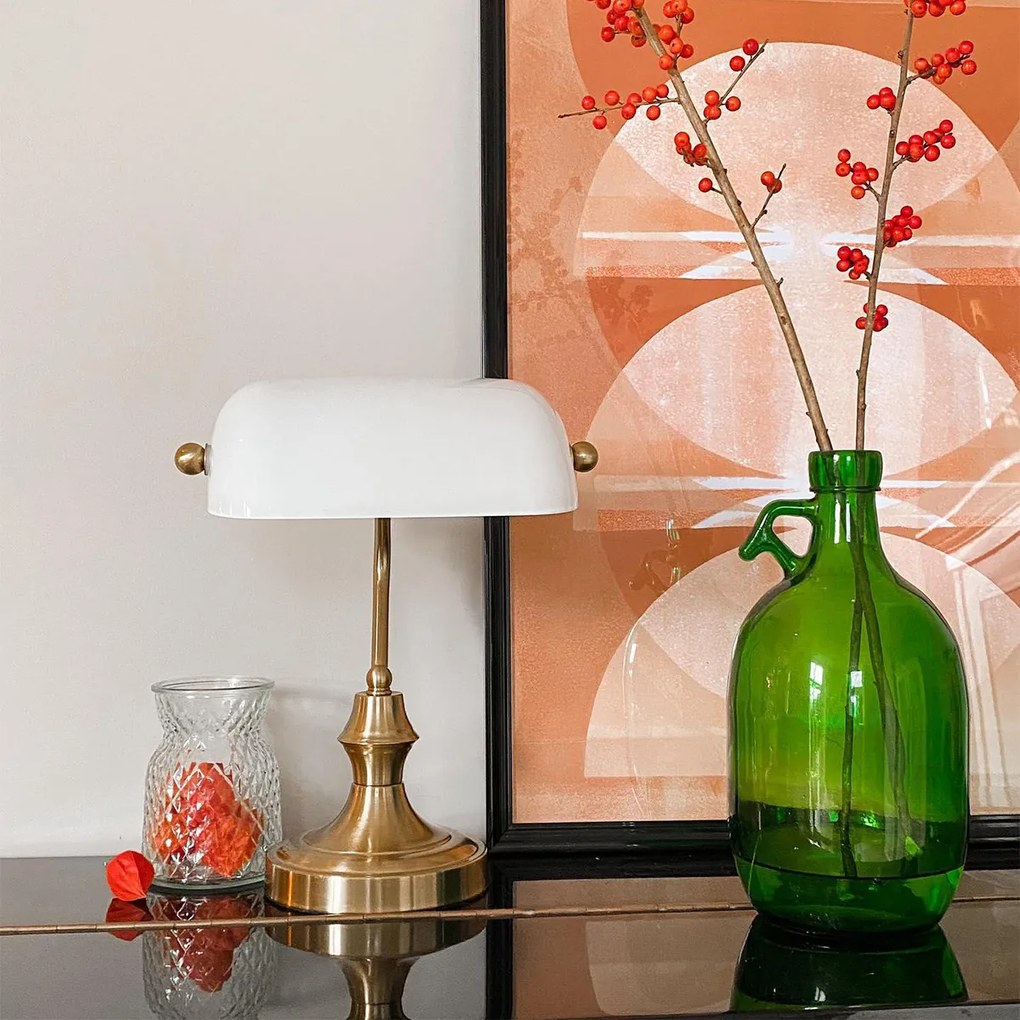 Klasická notárska lampa zlatá s opálovým sklom - Banker