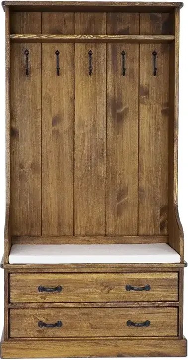 Rustikálna patinovaná vešiaková stena s poličkou a 2 zásuvkami na topánky, 100x40x190 cm