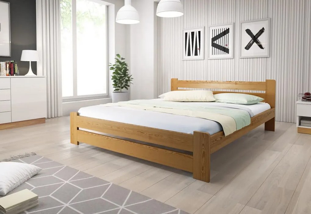 Posteľ EUREKA + pěnový matrac COMFORT 14 cm + rošt 160 x 200 cm, dub-lak