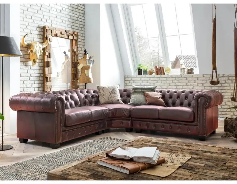 furniture-nabytek.cz - Masívna rohovásedacia súprava Chesterfield III z pravej kože, červená – 294×294×74 cm