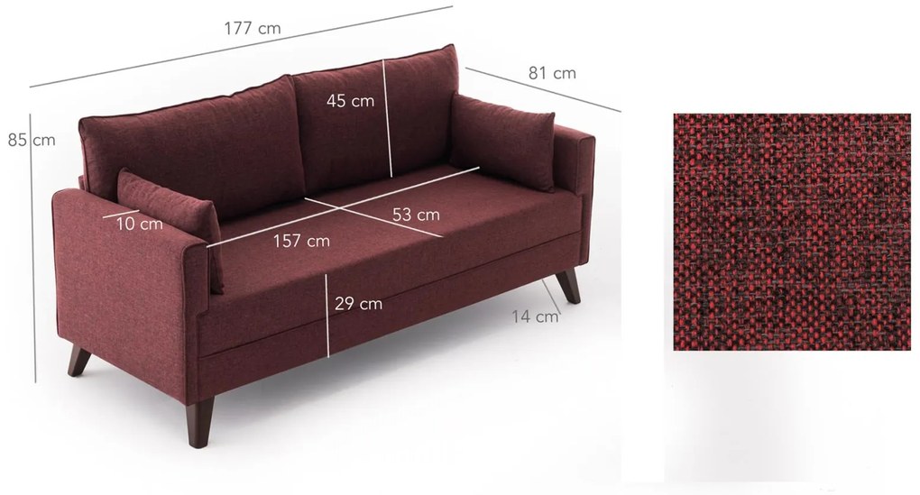 Hanah Home - Dizajnová 2-miestna pohovka BELLA 177 cm, starožitná červená, tkanina