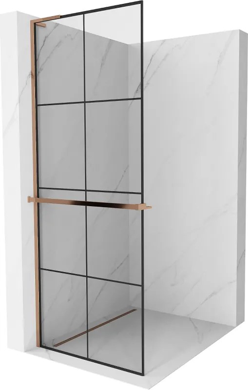 Mexen Kioto+ L, sprchová zástena Walk-In s poličkou a vešiakom 80 x 200 cm, 8mm číre sklo čierny vzor, ružové zlato profil, 800-080-123-60-77