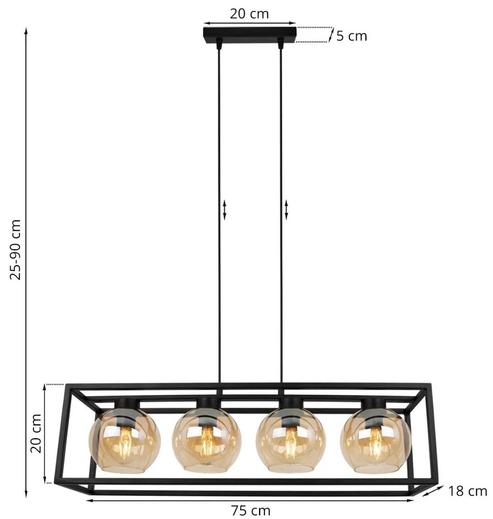 Závesné svietidlo HAGA CAGE, 4x medové sklenené tienidlo v kovovom ráme