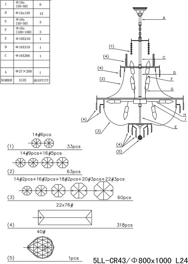 Krištáľový luster Nestor - Ø 80*105/220 cm E14/max 24*40W