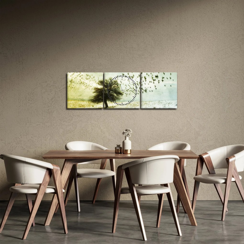 Obraz - Maľovaný kŕdeľ vtákov (s hodinami) (90x30 cm)