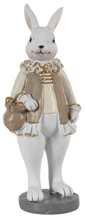 Dekorácia králik v béžovom kabátiku so zlatým mešcom - 5*5*15 cm
