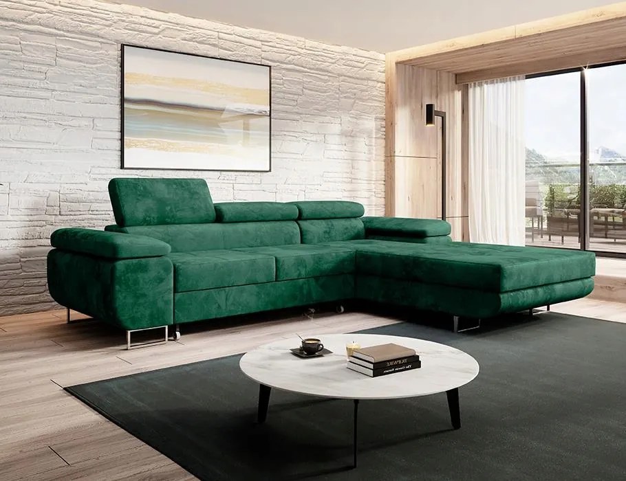Moderný pravý roh s funkciou spania Norberg velúr fľašová zelená.
