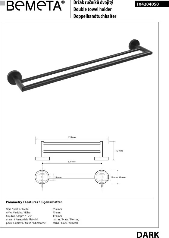Bemeta Design DARK: Držiak uterákov, 600 mm, dvojitý - 104204050