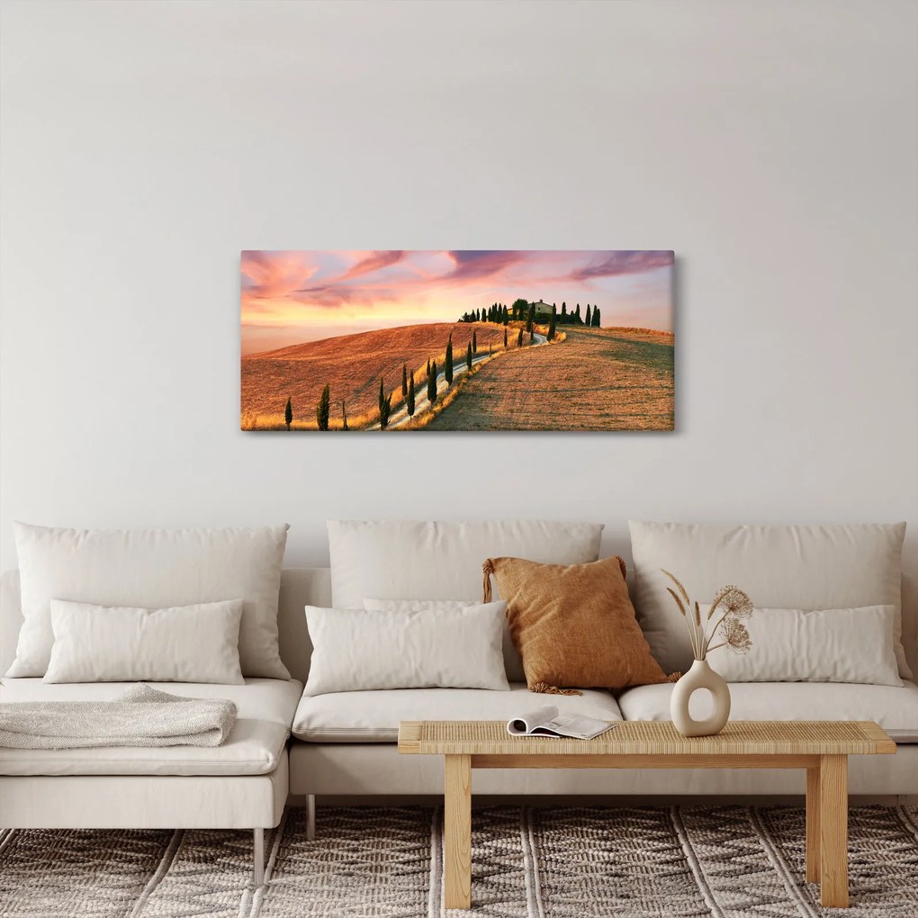 Obraz - Dom na kopci, Toskánsko, Taliansko (120x50 cm)