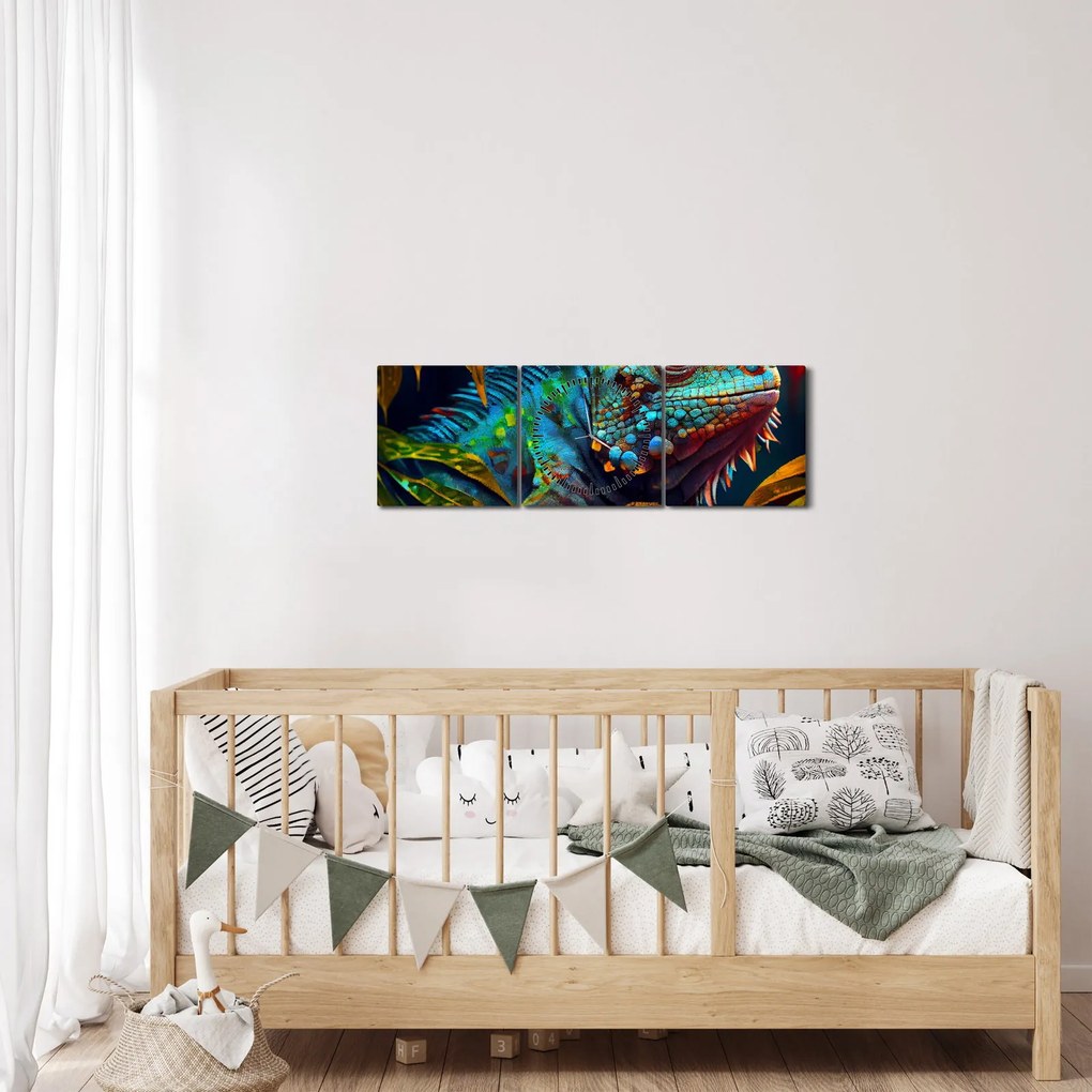 Obraz - Farebný leguán (s hodinami) (90x30 cm)