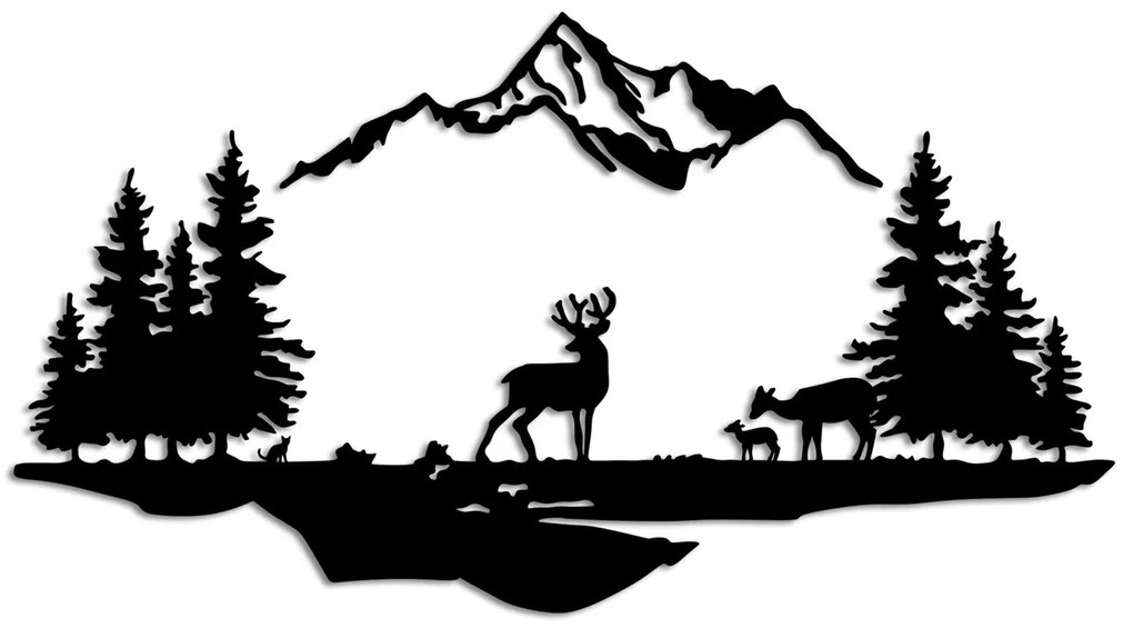 Nástenná kovová dekorácia Jeleň a Krajina 1 čierna