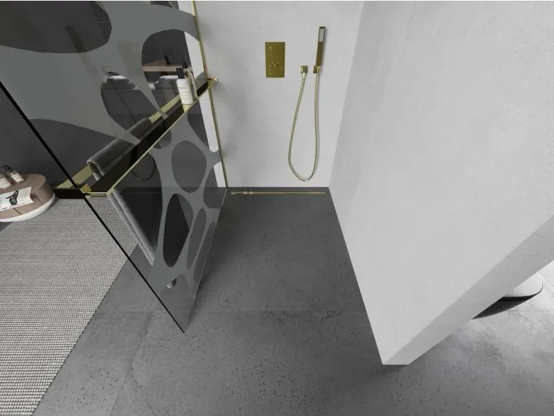 Mexen Kioto+ L, sprchová zástena Walk-In s poličkou a vešiakom 100 x 200 cm, 8mm číre sklo biely vzor, zlatý lesklý profil,800-100-123-50-97