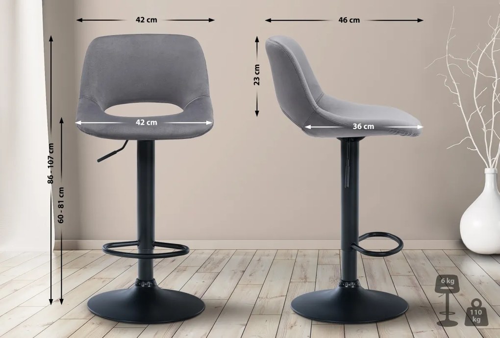 2x Barová stolička Camden - zamat, čierny rám - Tmavo sivá