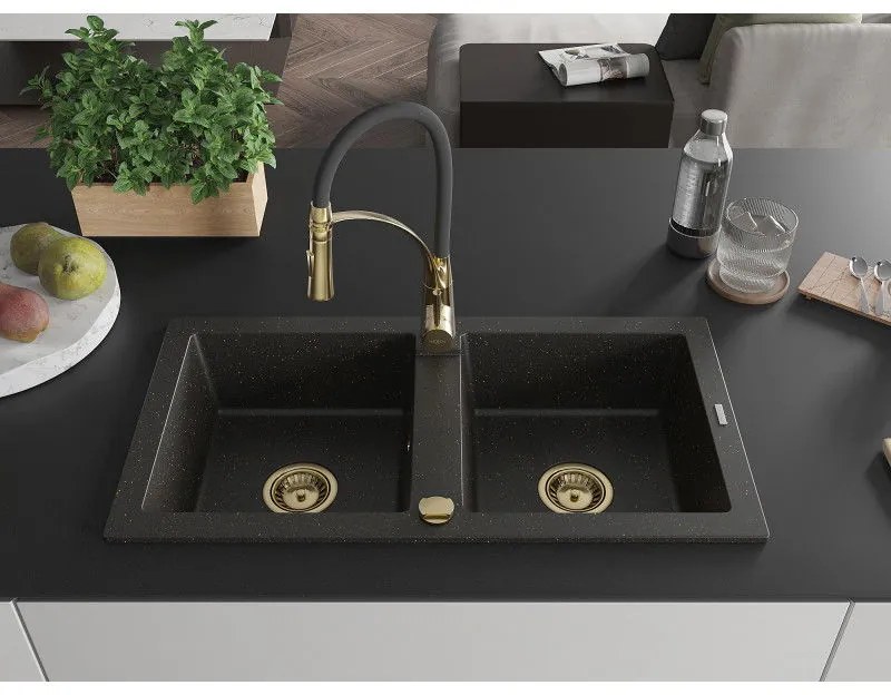 Mexen Mario, granitový drez 820x436x161 mm, 2-komorový a drezová batéria Aster, čierna-zlatá metalíza, 6504-75-73450-57-G