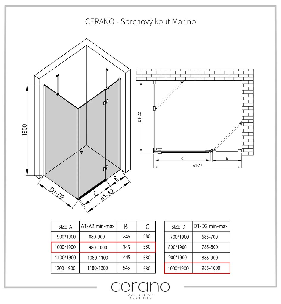 Cerano Marino, sprchovací kút 100(dvere) x 100(stena) x 190 cm, 6mm číre sklo, čierny profil, CER-CER-422880