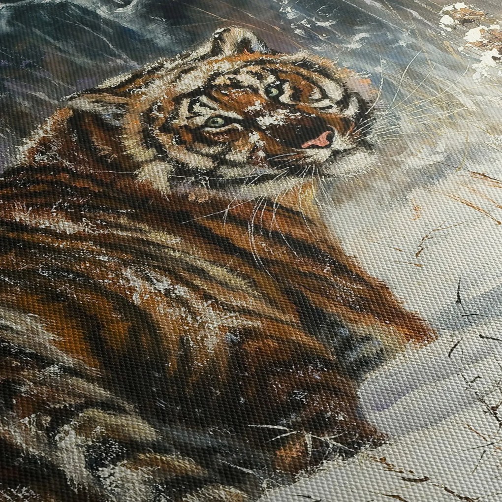 Obraz - Tiger v zasneženom lese, olejomaľba (70x50 cm)