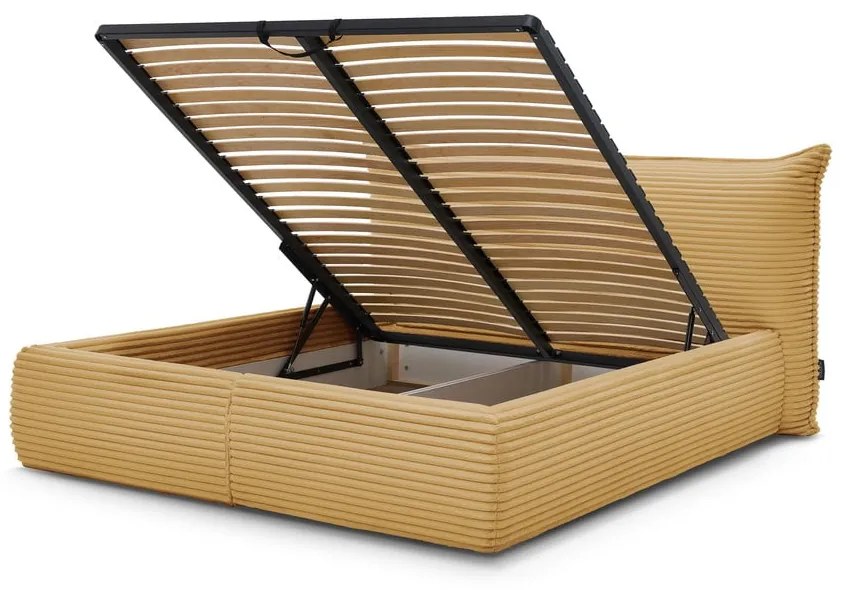 Žltá čalúnená dvojlôžková posteľ s úložným priestorom a roštom 160x200 cm Jade – Bobochic Paris