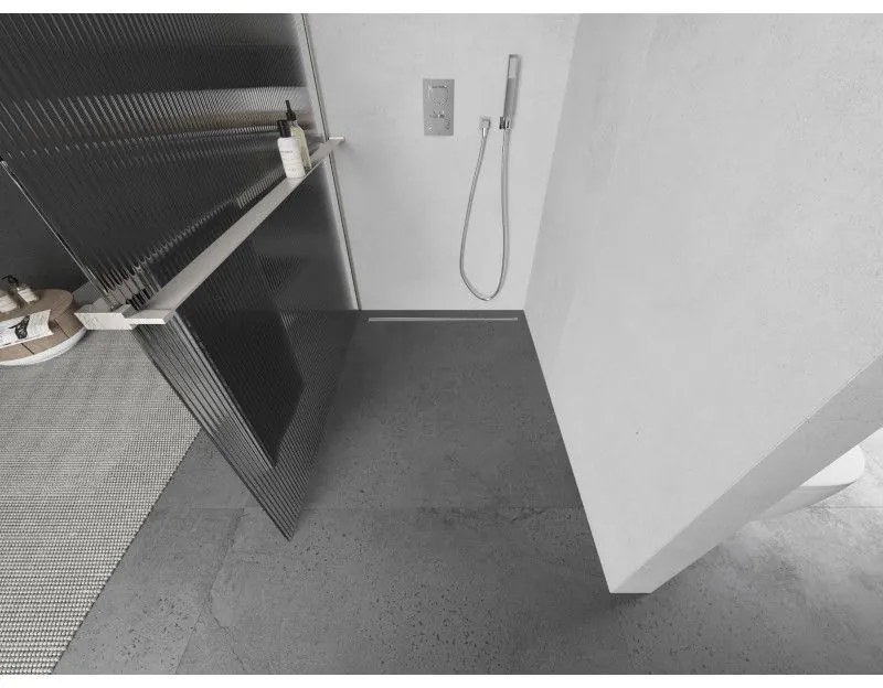 Mexen Kioto+ L, sprchová zástena Walk-In s poličkou a vešiakom 110 x 200 cm, 8mm sklo s rebrovým vzorom, brúsená oceľ profil, 800-110-123-97-09