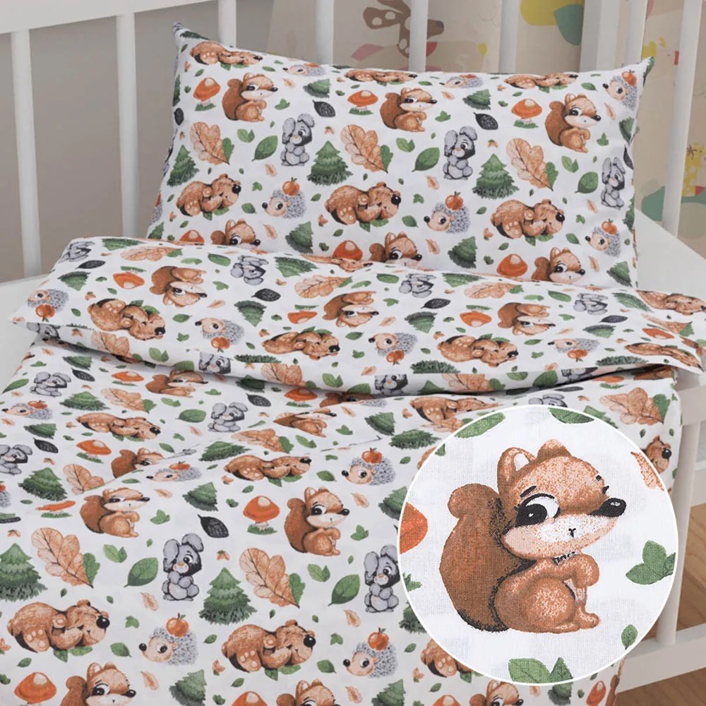 Biante Detské bavlnené posteľné obliečky do postieľky Sandra SA-282 Veveričky a lesní kamaráti Do postieľky 90x140 a 50x70 cm