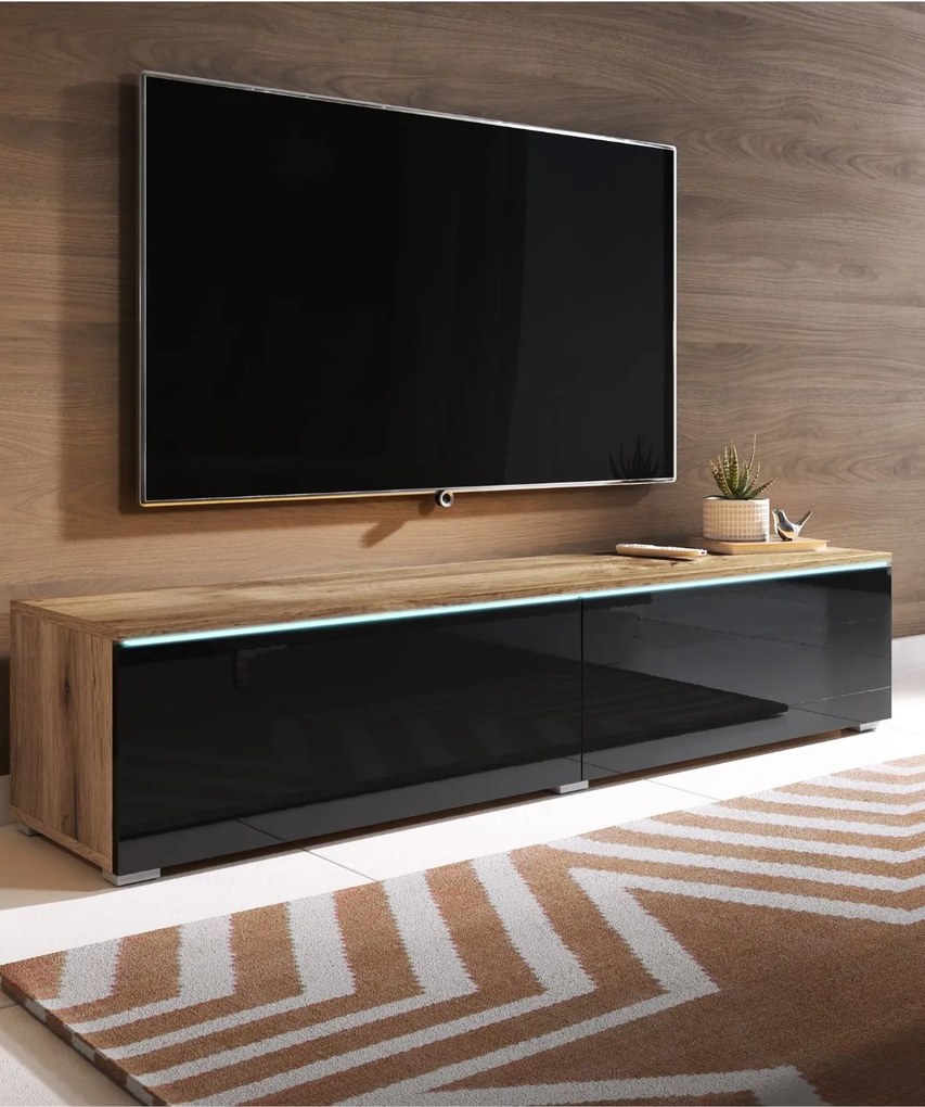 TV skrinka LED 140 cm závesná alebo stojaca dub wotan/čierny lesk Lowboard D