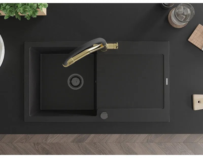 Mexen Leo, 1-komorový granitový drez 900x500x190 mm a drezová batéria Duo, čierna, 6501-77-671701-57-B