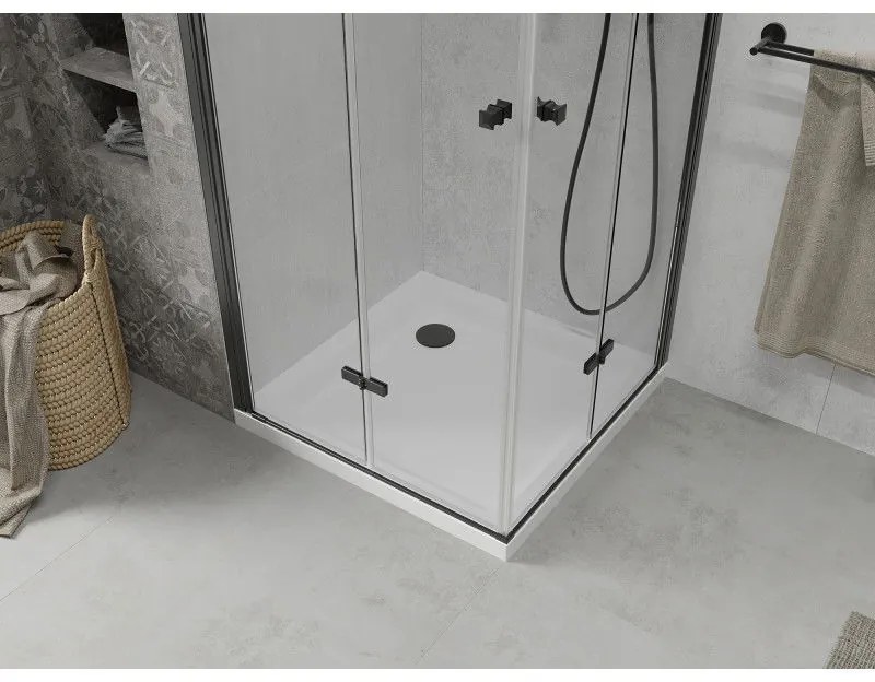 Mexen Lima Duo, sprchovací kút s 2-krídlovými skladacími dverami 80 (dvere) x 80 (dvere) cm, 6mm číre sklo, čierny profil + slim sprchová vanička 5cm biela s čiernym sifónom, 856-080-080-70-02-4010B