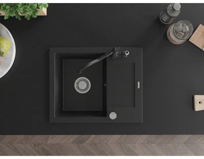Mexen Enzo, granitový drez 576x465x174 mm, 1-komorový a drezová batéria Carla, čierna, 6506-77-670700-70