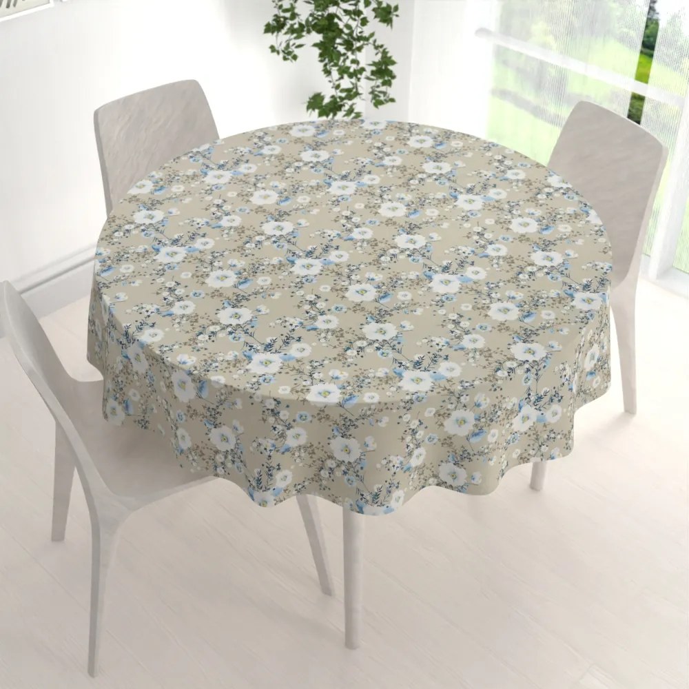 Biante Bavlnený okrúhly obrus Sandra SA-552 Modré popínavé kvety na béžovom Ø 80 cm