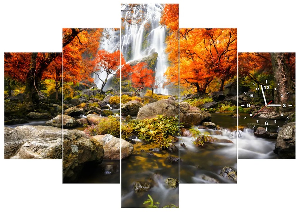 Gario Obraz s hodinami Jesenný vodopád - 5 dielny Rozmery: 150 x 70 cm