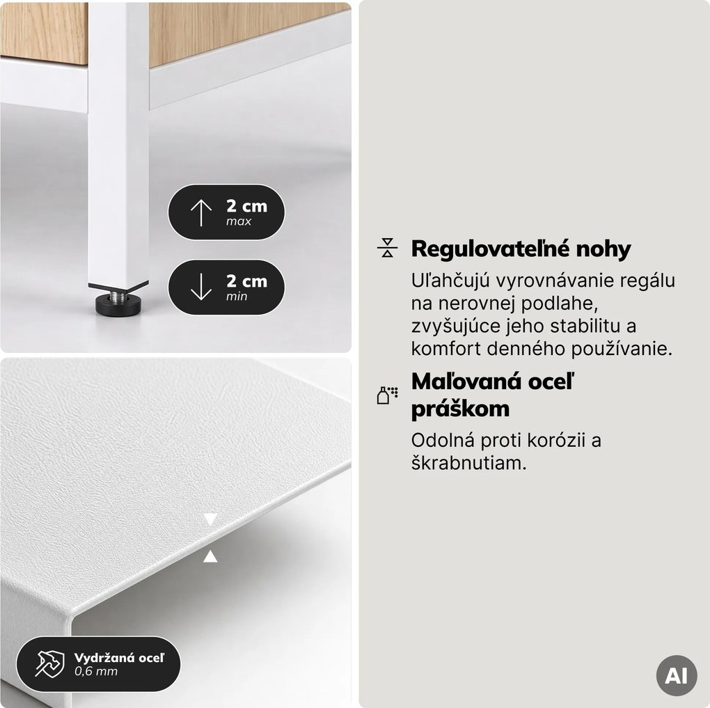 Regál so zásuvkami do kancelárie, na šanóny a dokumenty, otvorené police, kovový, biely/dub sonoma, 800x2200x400 mm: ARIEL Eco Design