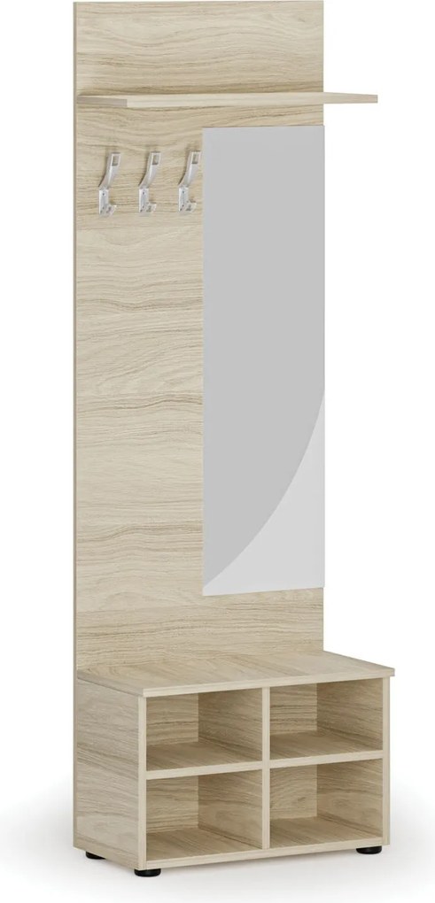 Vešiaková stena s botníkom a zrkadlom HORIZONT, 3 háčiky, polica, roky vodorovne, dub prírodný