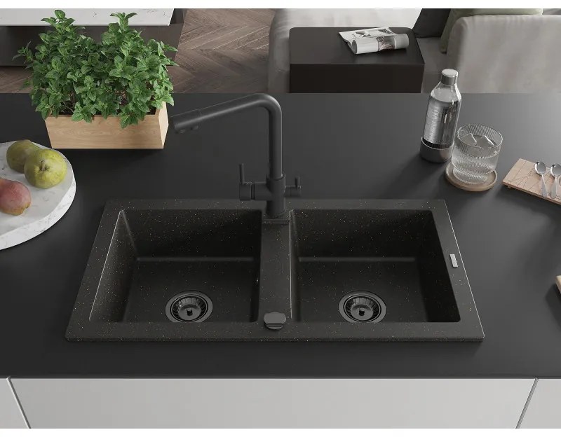 Mexen Mario, 2-komorový granitový drez 820x436x161 mm a čierna drezová batéria Duero, čierna-zlatá metalíza, 6504-75-671600-70-B
