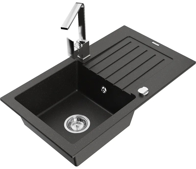 Mexen Pablo, granitový drez 752x436x161 mm, 1-komorový a chrómová batéria Rita, čierna-zlatá metalíza, 6510-75-670300-00