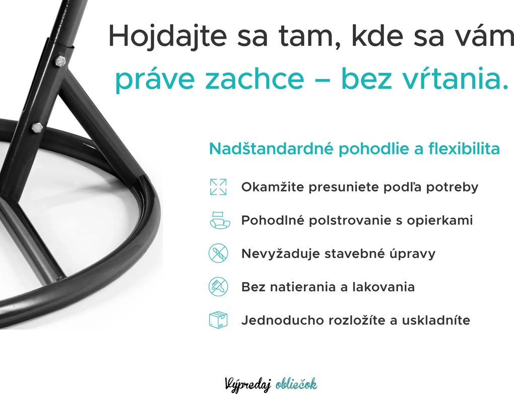 Čierne závesné kreslo KOKON so stojanom, zeleno-biely vankúš