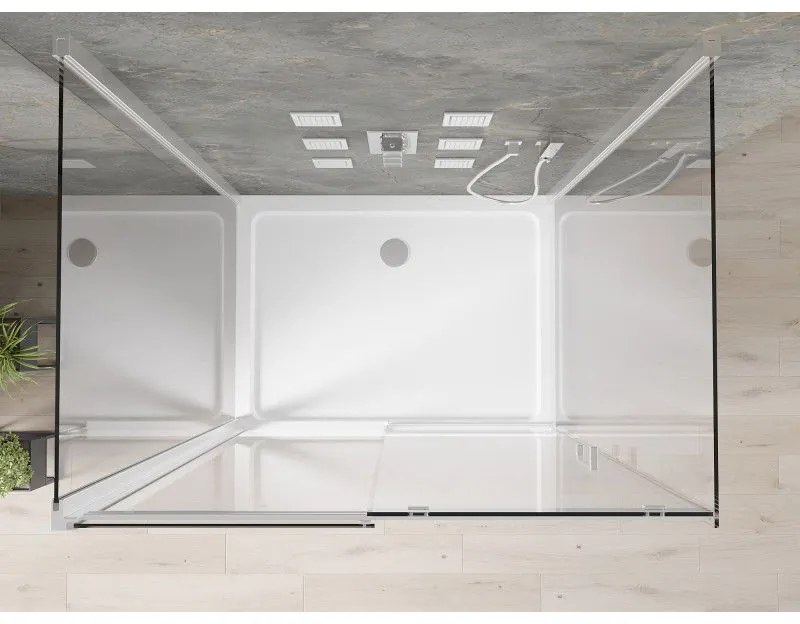 Mexen Omega, 3-stenový sprchovací kút s posuvnými dverami 110 (dvere) x 100 (stena) x 190 cm, 8mm číre sklo, chrómový profil + biela sprchová vanička SLIM, 825-110-100-01-00-3S-4010