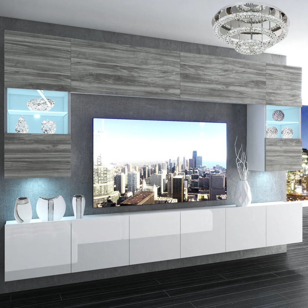 Obývacia stena Belini Premium Full Version šedý antracit Glamour Wood / biely lesk+ LED osvetlenie Nexum 3