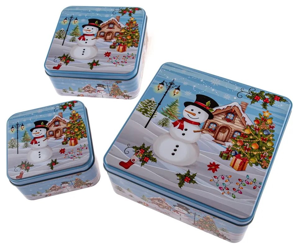 Kovové dózy v súprave 3 ks na zákusky Snowman – Dakls