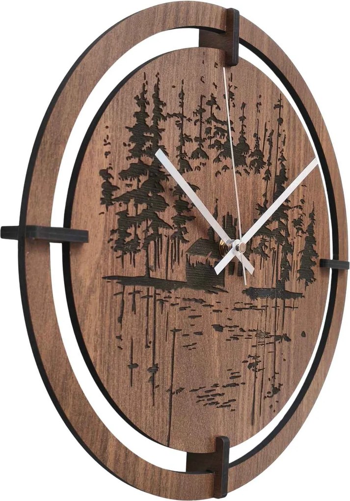 Drevené nástenné hodiny – originálny motív ihličnatého lesa| RENT: HDF - Javor 30 cm 4803-115421 HDF0701-ruky-silver