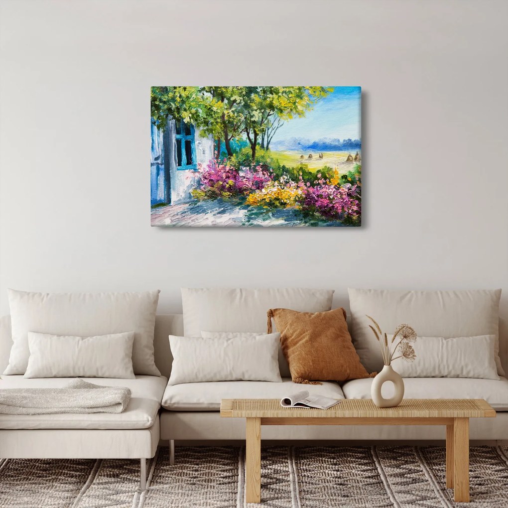 Obraz záhradky pred domom, olejomaľba (90x60 cm)