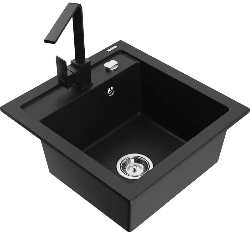 Mexen Vito, 1-komorový granitový drez 520x490x210 mm, čierna batéria Rita, čierna, 6503-77-670300-70