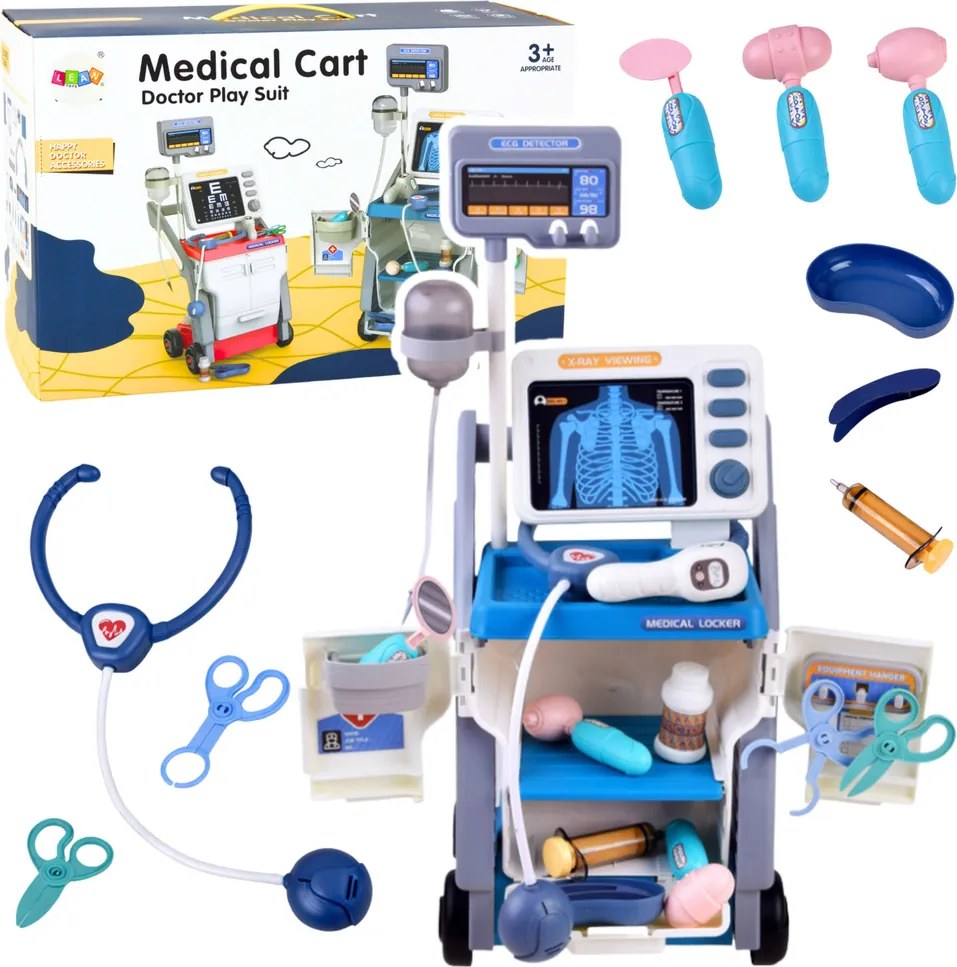 LEAN Toys Súprava malého lekára Lekársky röntgenový vozík EKG svetlá Modrá 16 el.