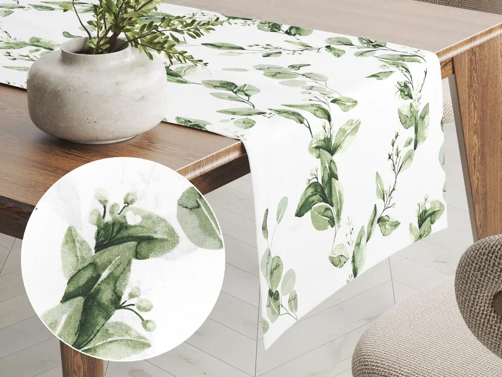 Biante Bavlnený behúň na stôl Sandra SA-422 Zelené listy na bielom 20x180 cm