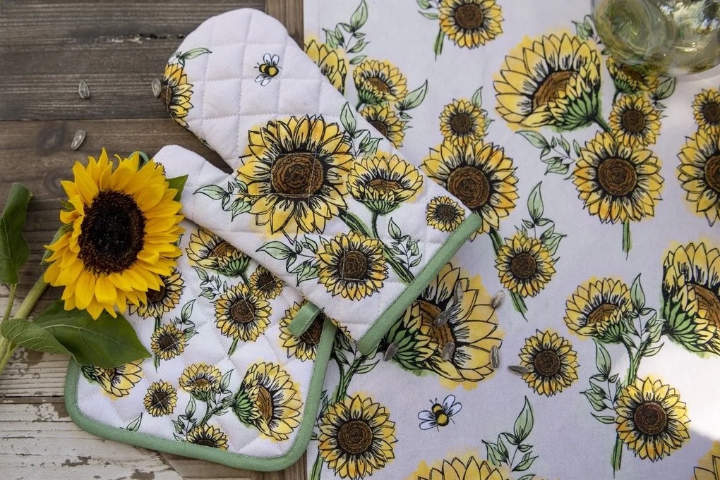 Béžový bavlnený behúň so slnečnicami Sunny Sunflowers - 50*160 cm