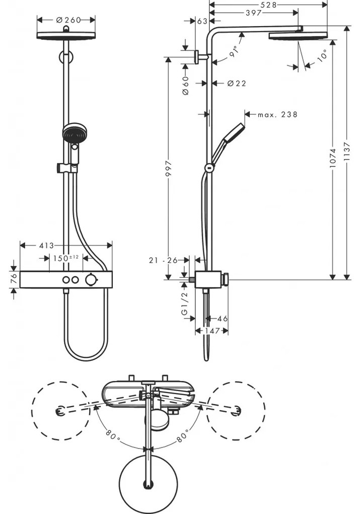 Hansgrohe Pulsify S - Showerpipe 260 1jet EcoSmart s termostatom ShowerTablet Select 400, kartáčovaný bronz 24221140