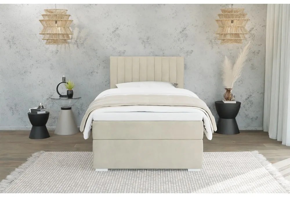 Béžová čalúnená jednolôžková posteľ s úložným priestorom s roštom 100x200 cm Bunny – Ropez